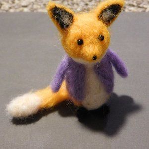 Wool felted Fox with a Purple jacket
